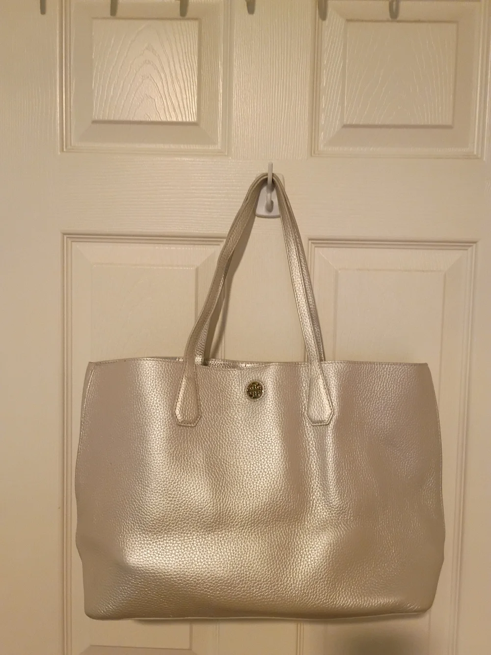Tory Burch Metallic Silver Pebbled Leather Tote NWOT